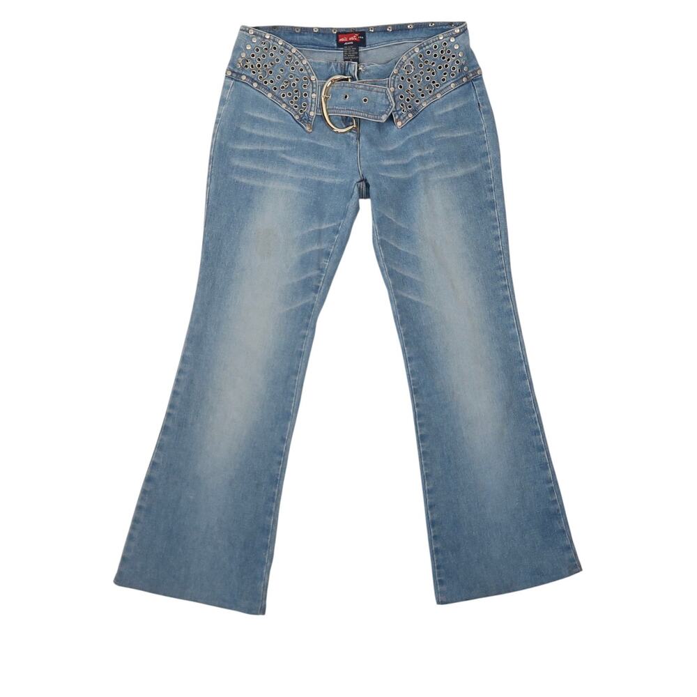 Vintage Y2K Cali Cat Studded Buckle Low Rise Flare Jeans Light Wash Blue 11
